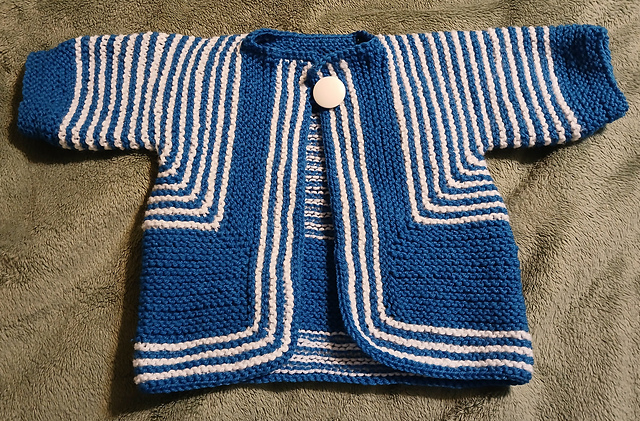 Knitted Baby Surprise Jacket in blue and white stripes