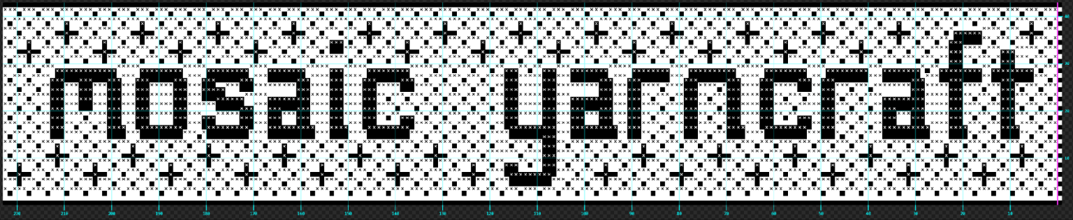 The words "mosaic yarncraft" drawn as a black-and-white mosaic stitch chart in MoYa