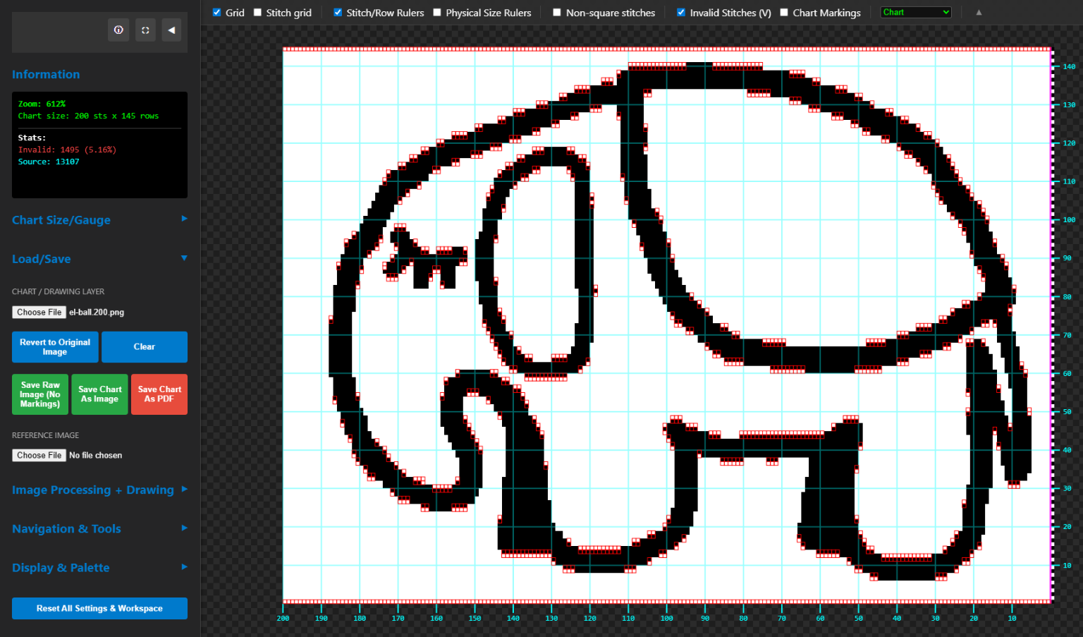 MoYa editor showing an elephant chart with invalid stitches outlined in red