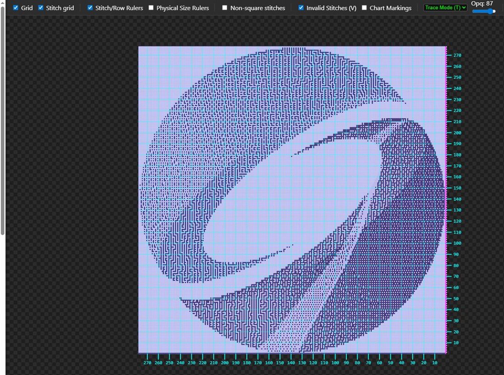 MoYa editor showing a dithered chart traced from a circular logo