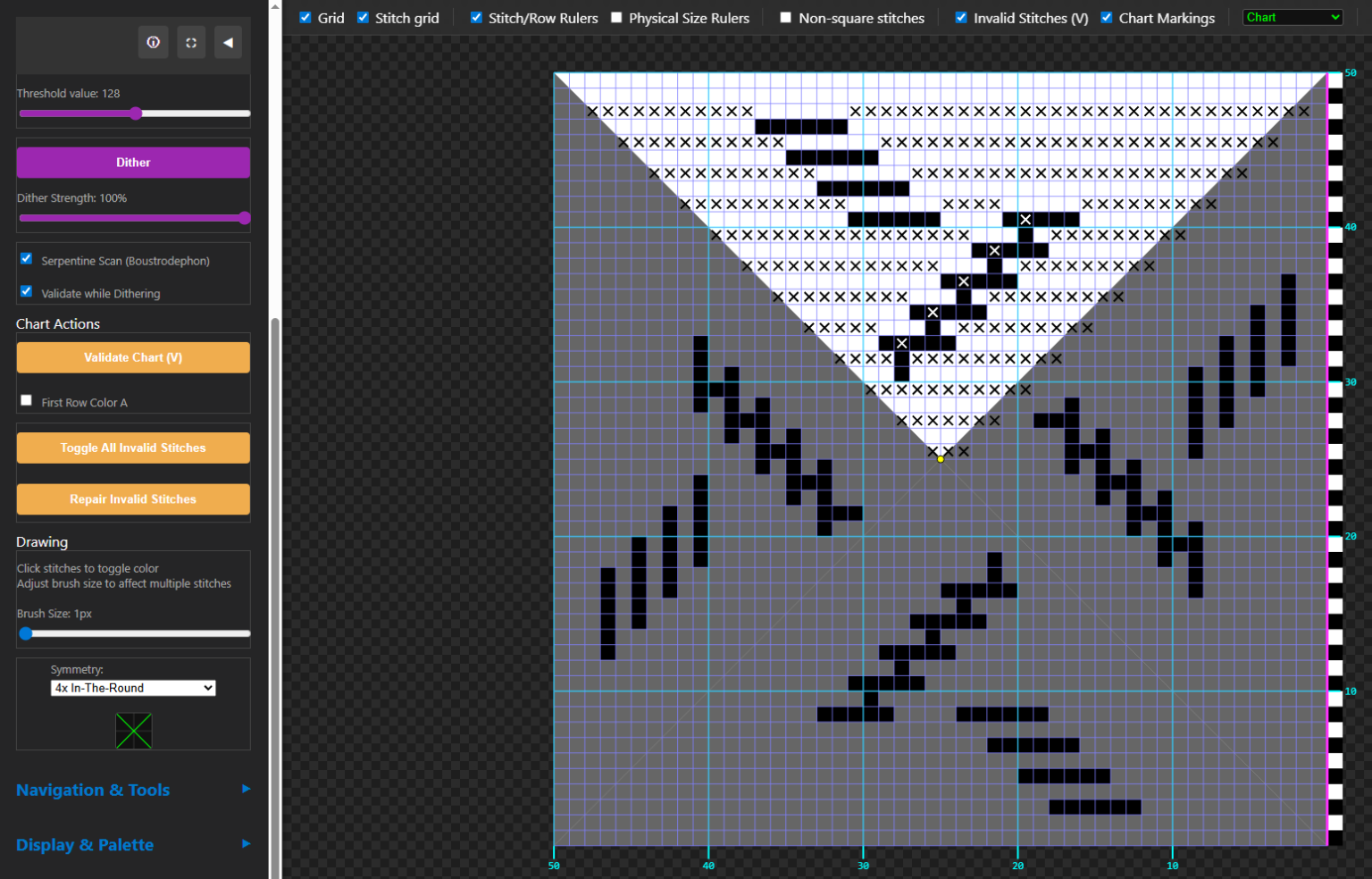 MoYa editor showing an in-the-round crochet chart divided into four diagonal quadrants