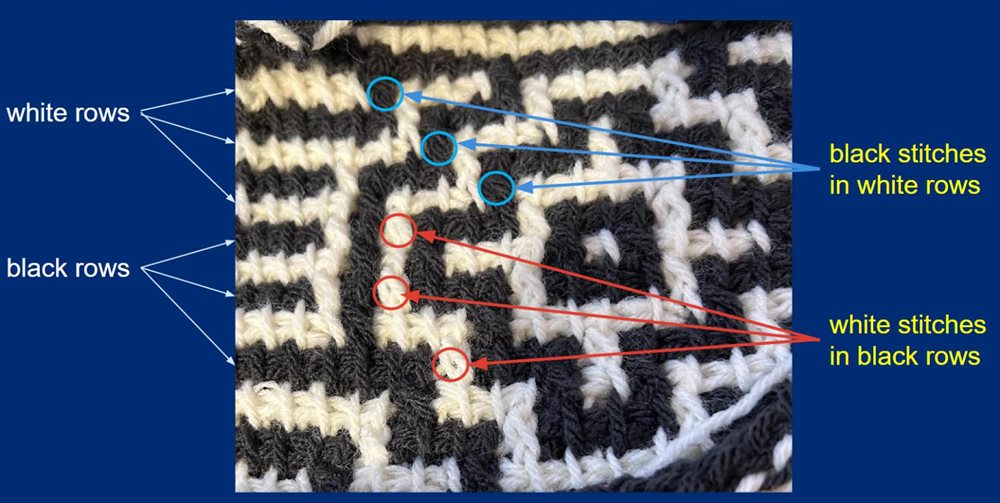 Close-up of black and white mosaic crochet, with white rows, black rows, and wrong-color stitches labeled